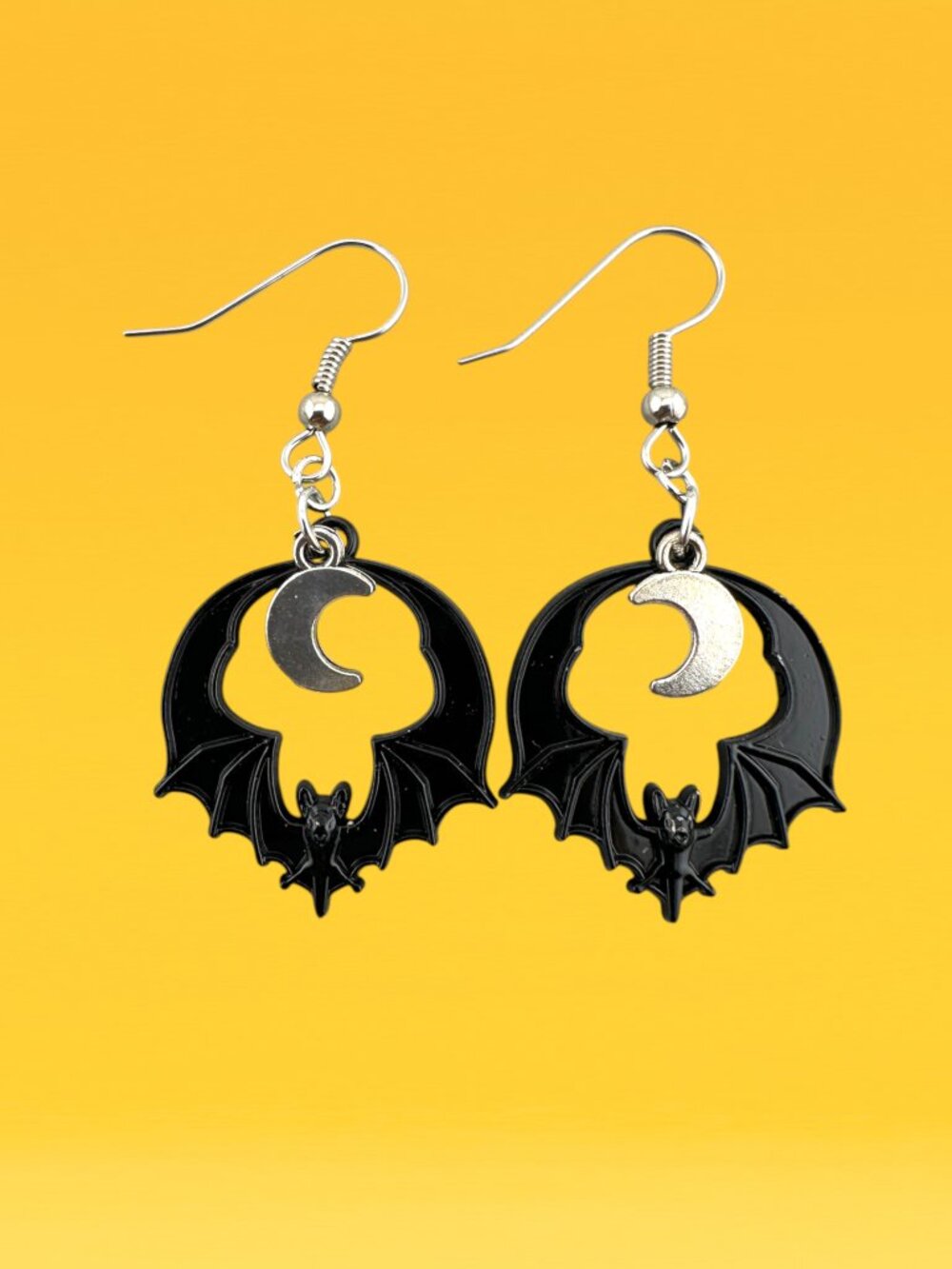 Black Bat Crescent Moon Earrings Halloween Gothic Dangle Surgical Steel Ear Wire